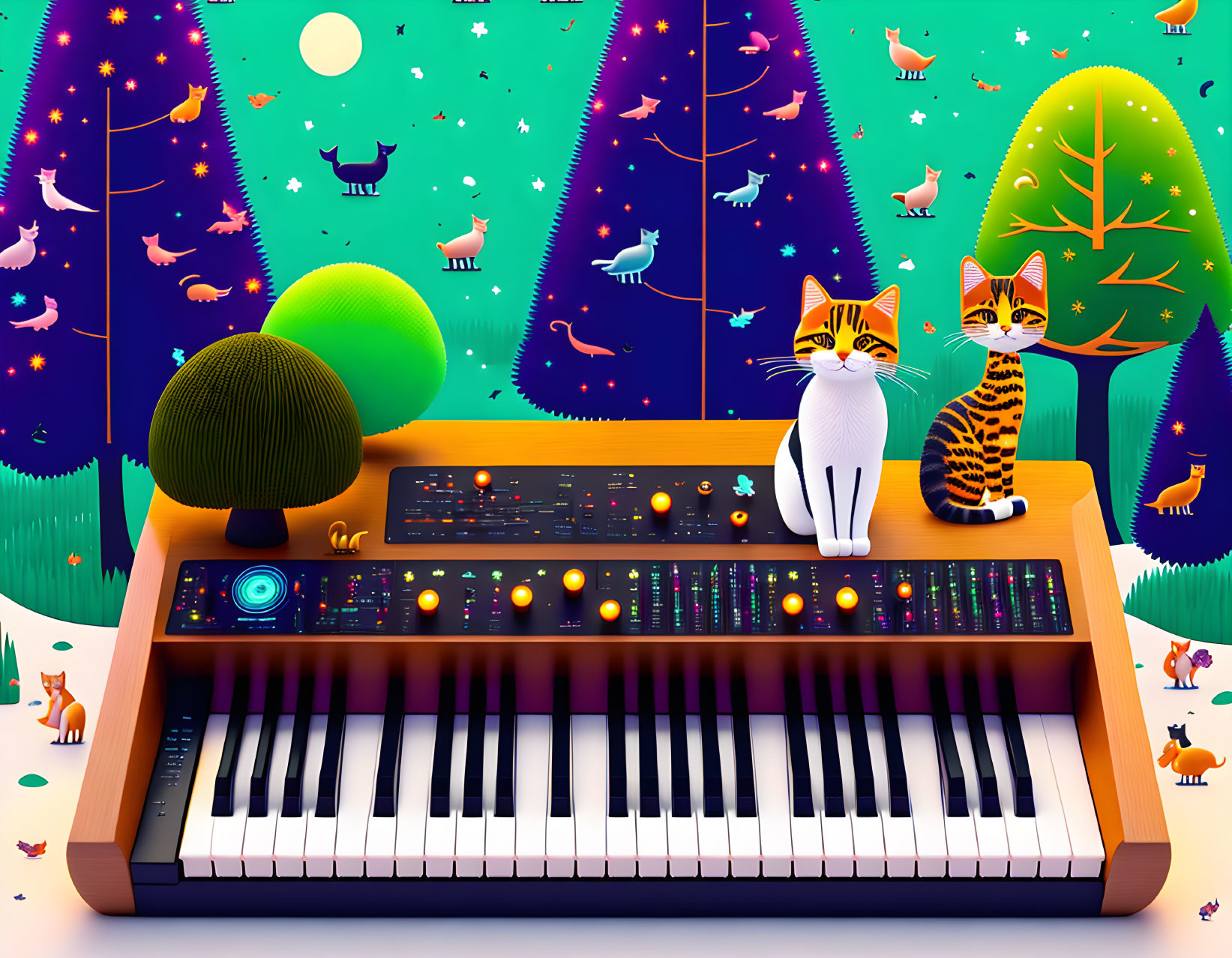 Vibrant whimsical cats with synthesizer in forest setting