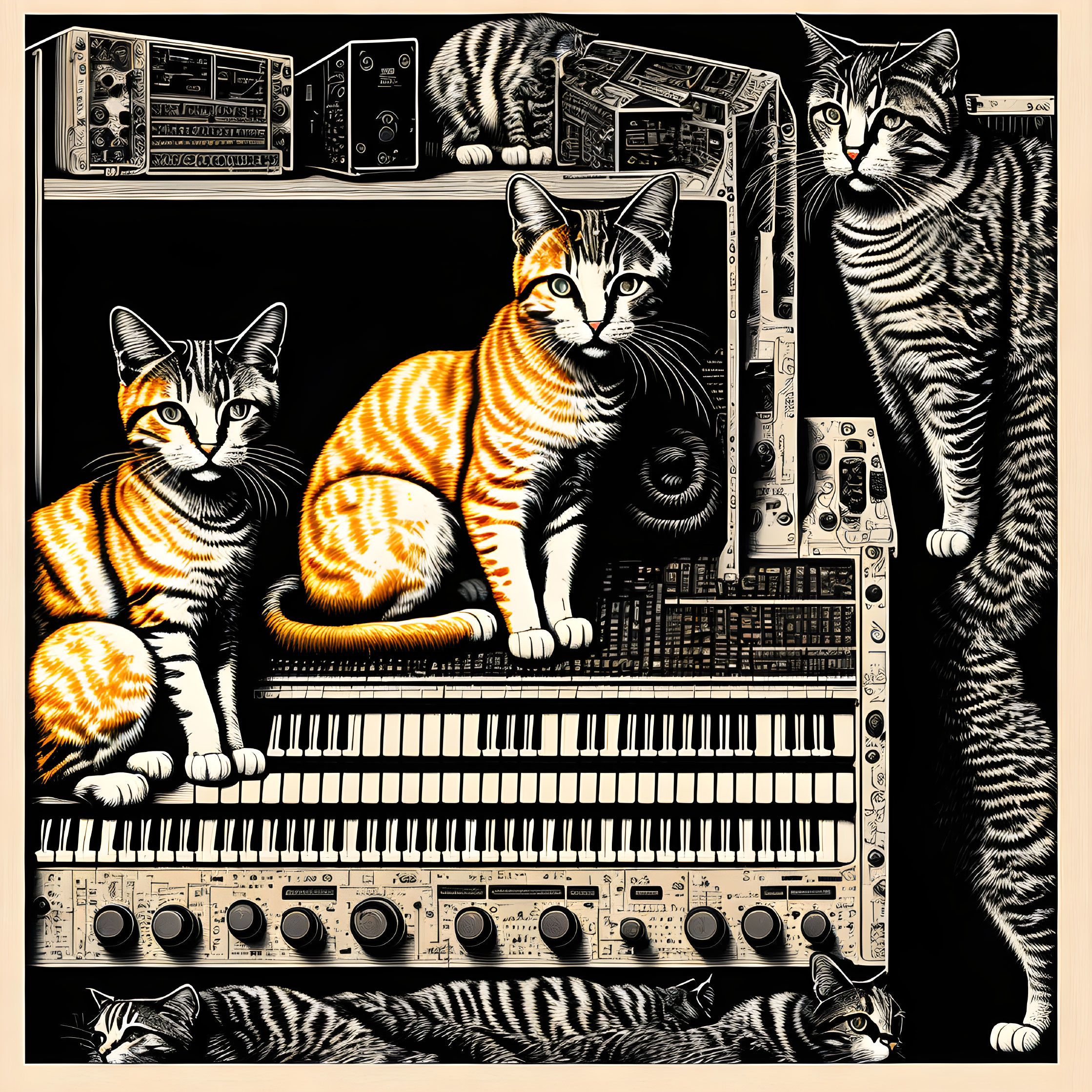 Monochrome illustration of cats and music studio equipment