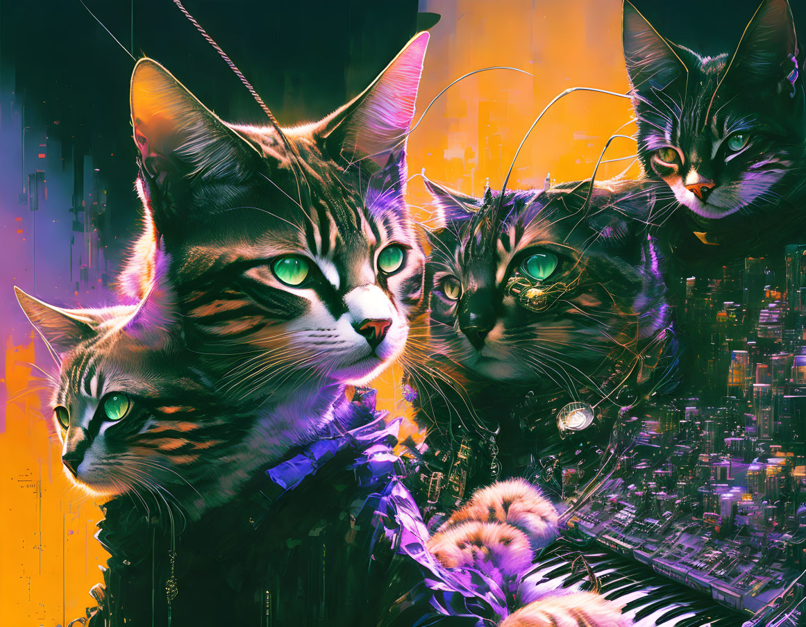 Stylized cats with green eyes in futuristic cityscape