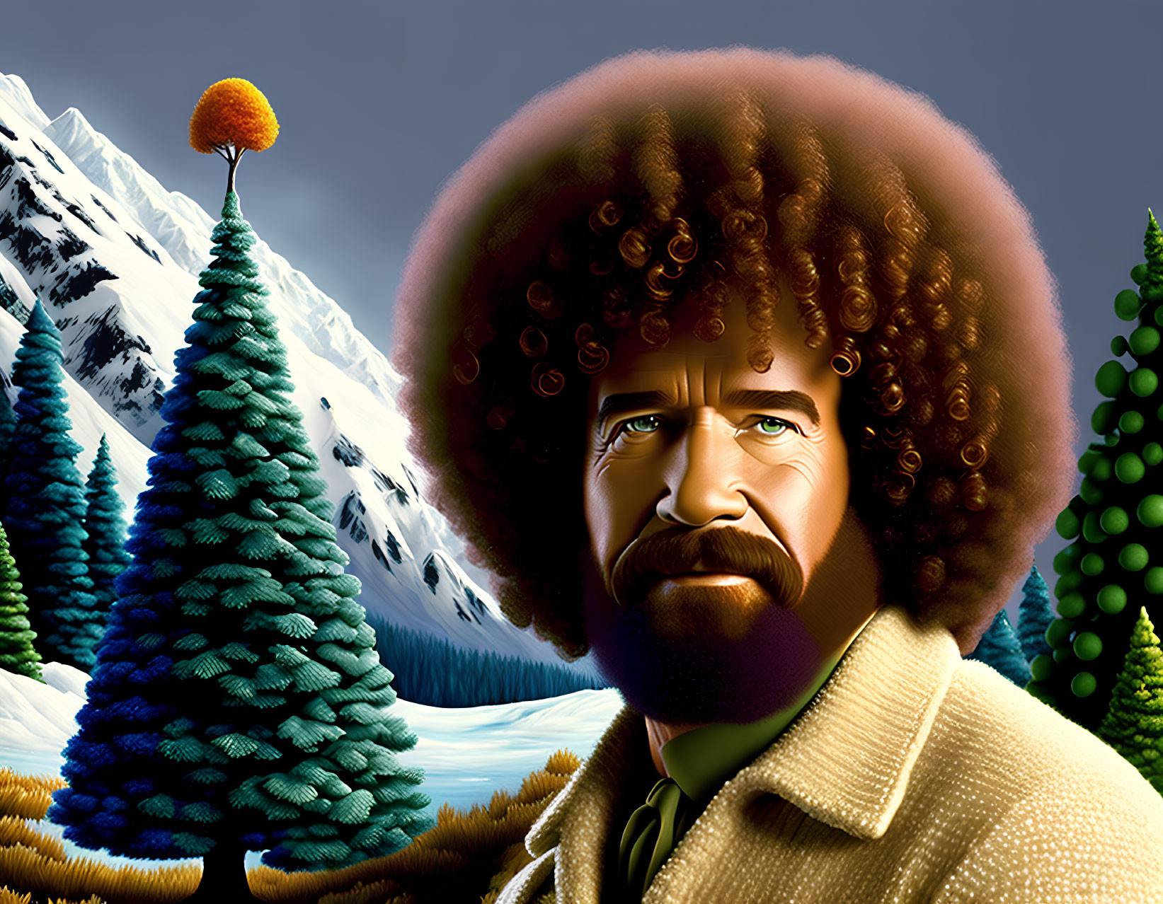 Man with Afro in Snowy Mountain Landscape with Trees