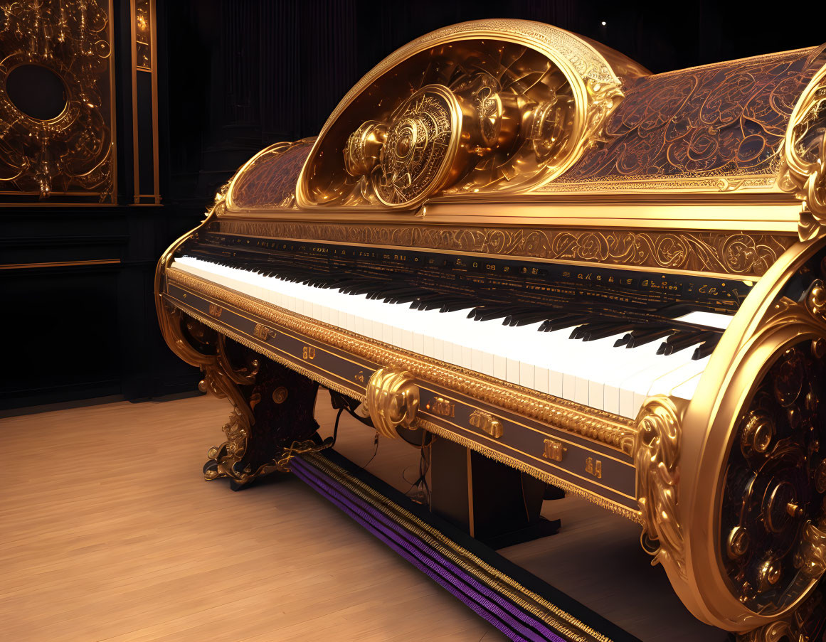 Luxurious grand piano with ornate golden detailing in dark room