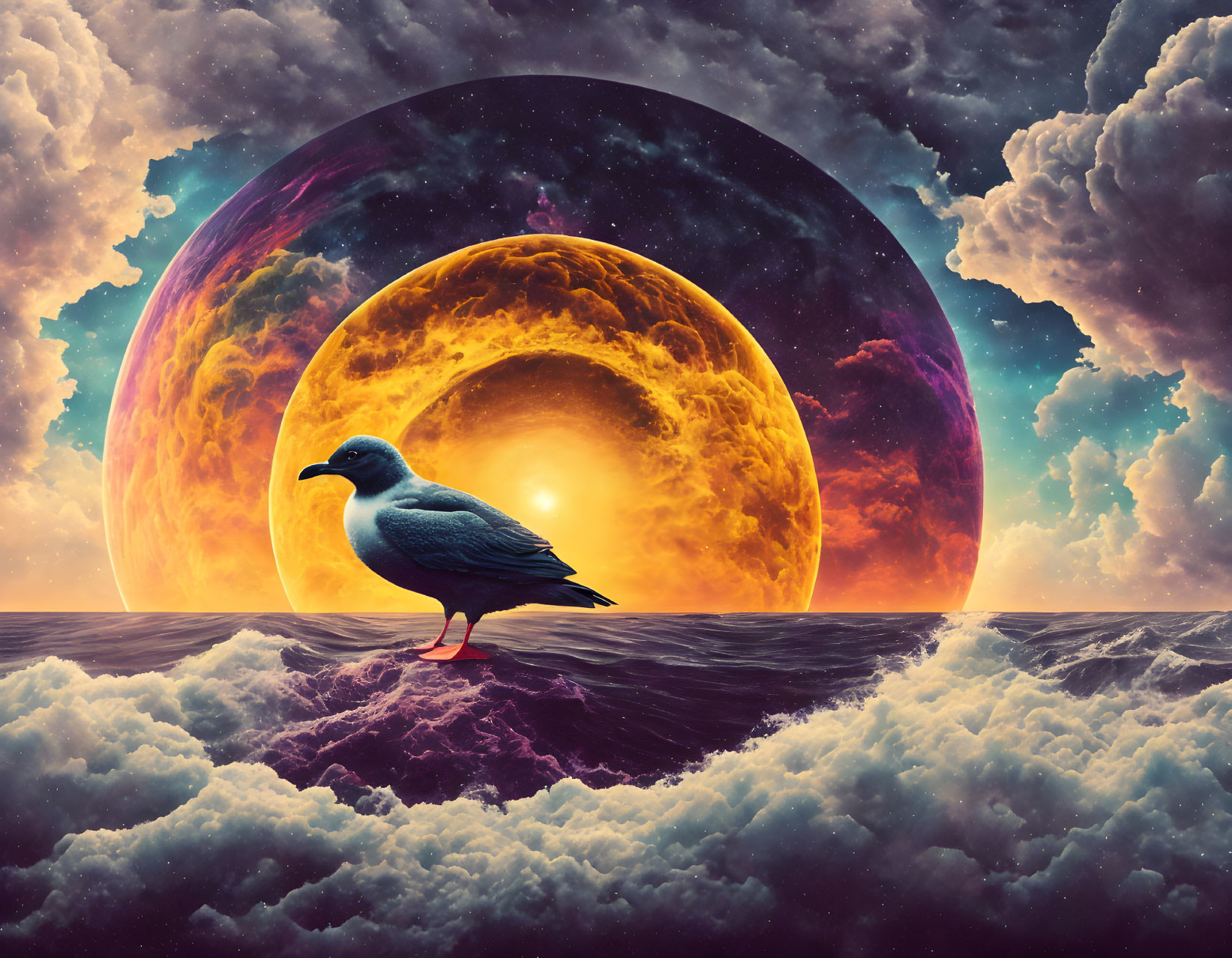 Seagull on cloud with vibrant planet and stars in surreal scene