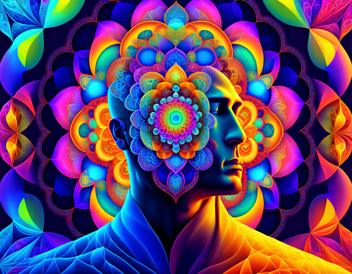 Colorful Psychedelic Human Profile with Butterfly and Flower Fractals