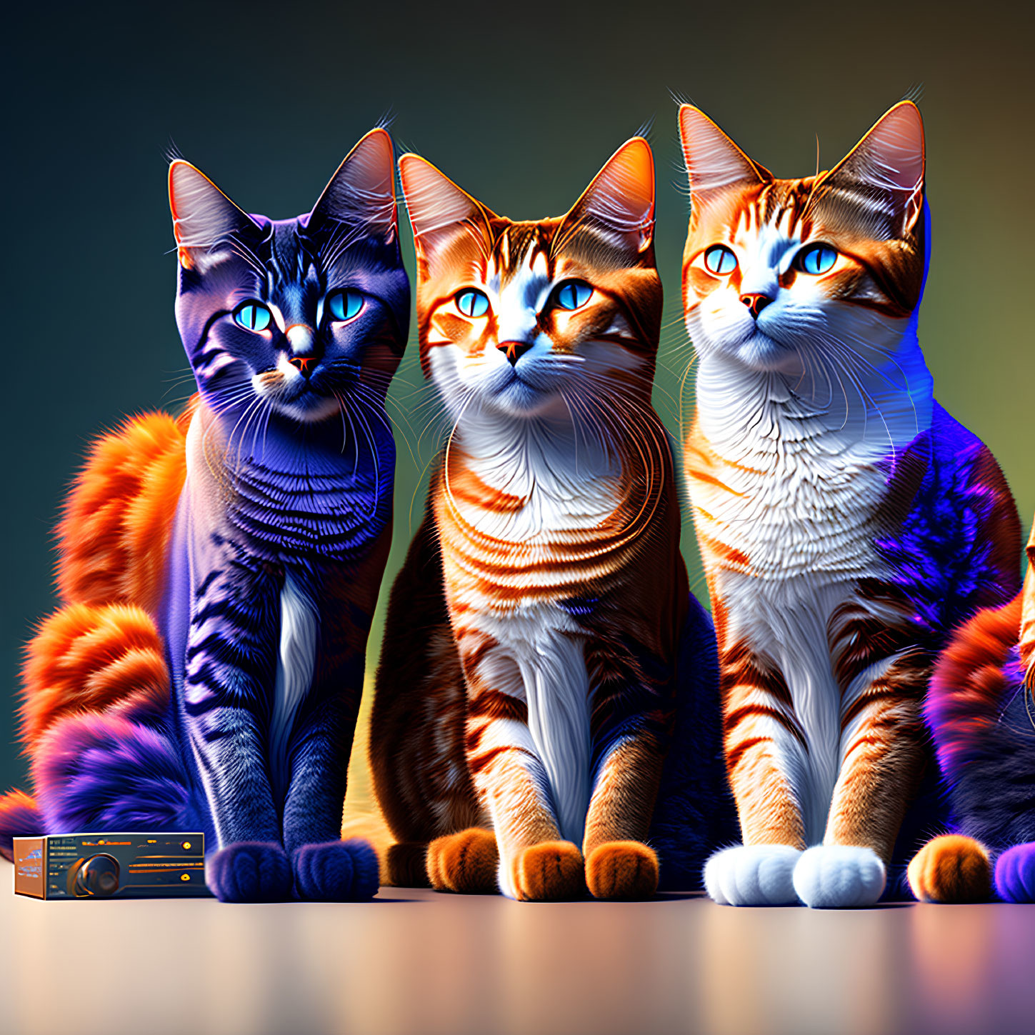 Three digital art cats with glowing stripes on gradient background and radio.