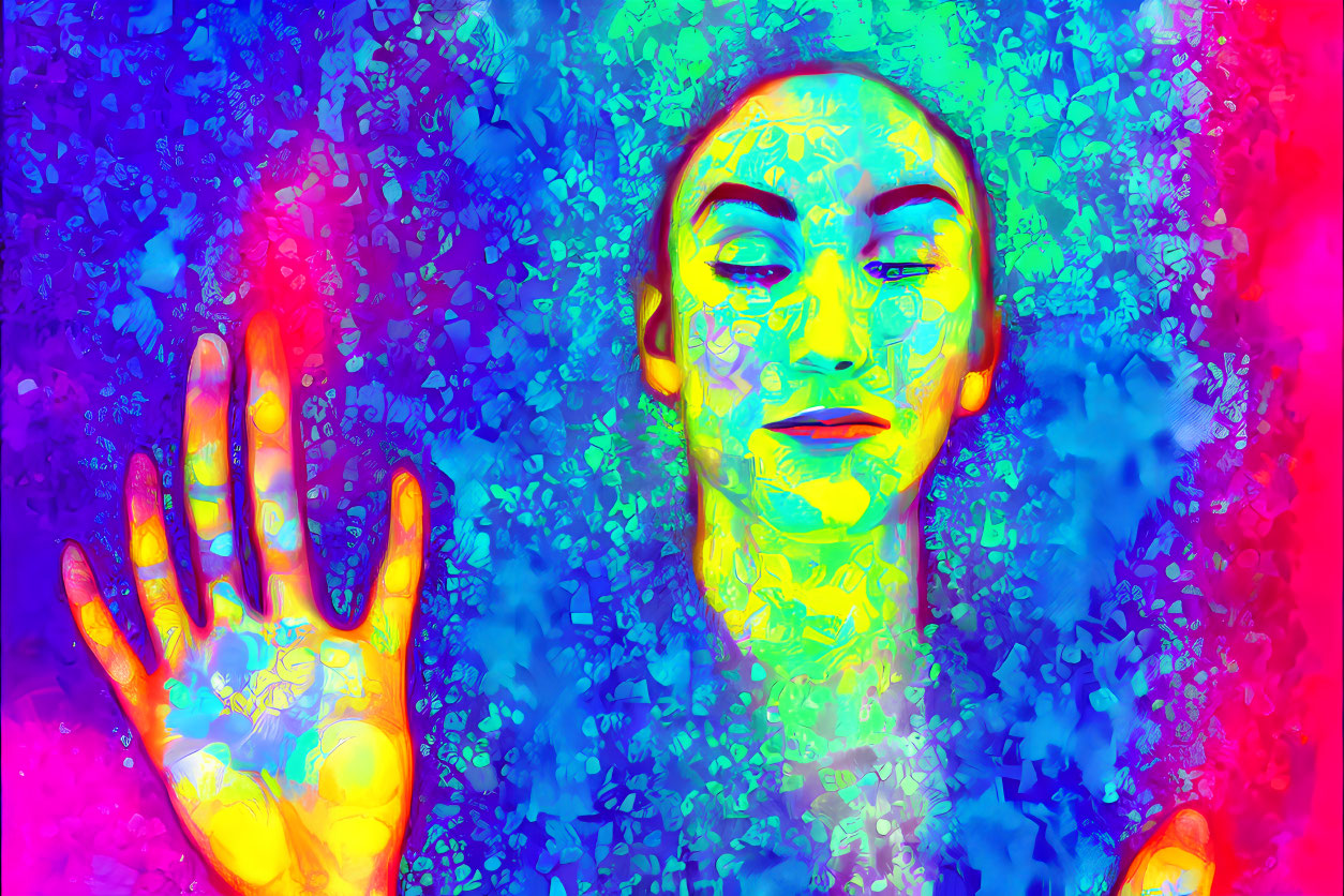 Colorful Psychedelic Portrait with Outstretched Hand in Mottled Textured Style