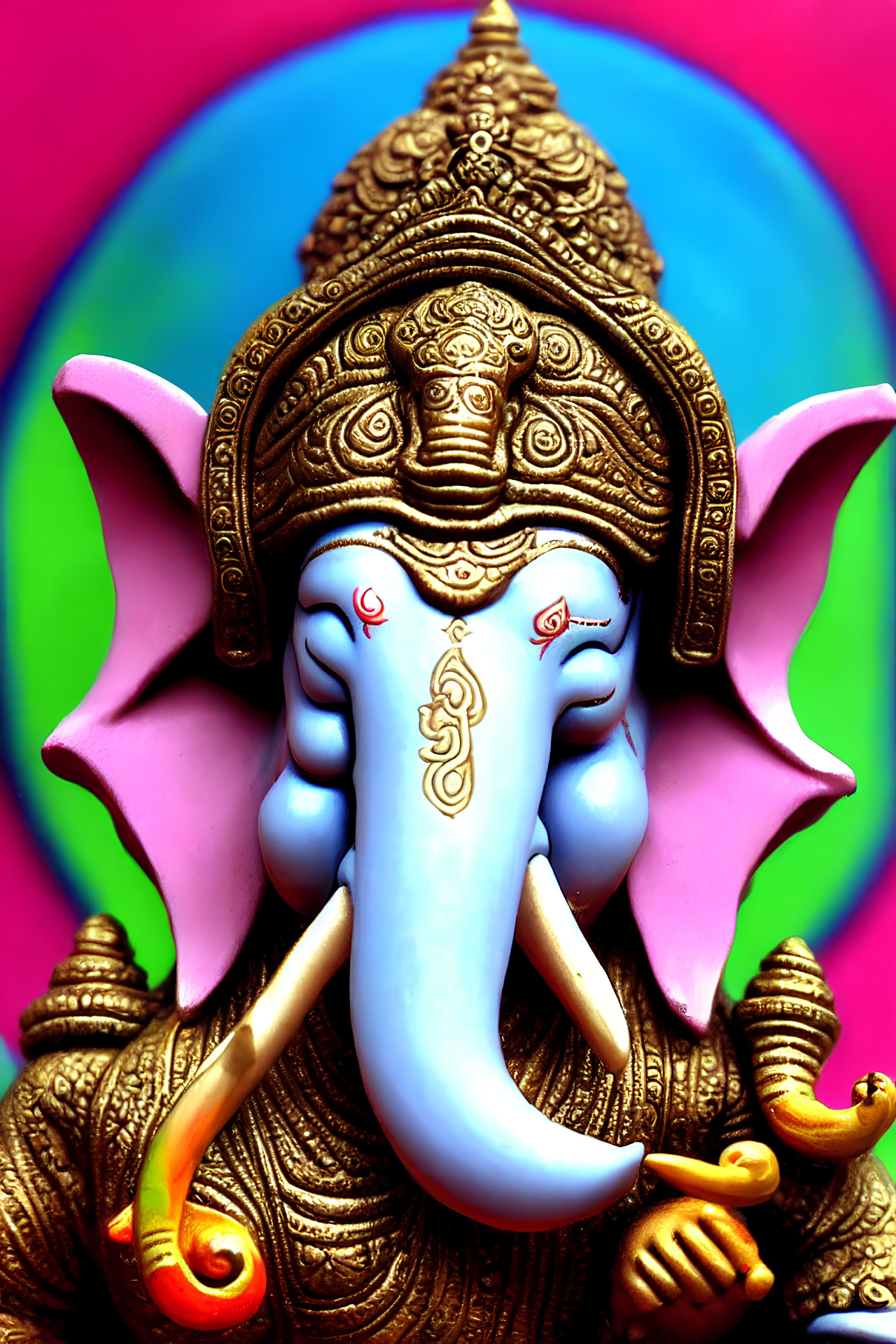 Colorful Hindu god Ganesha with golden crown on rainbow background