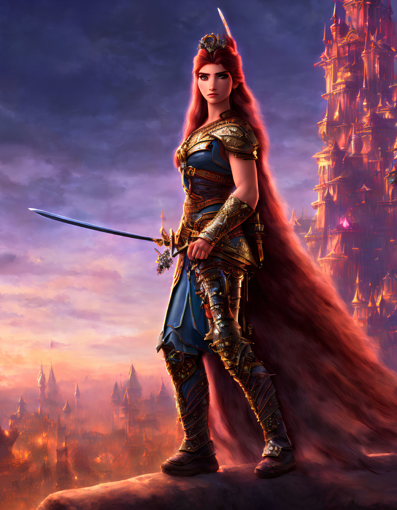 Female warrior in blue and gold armor with red hair at twilight