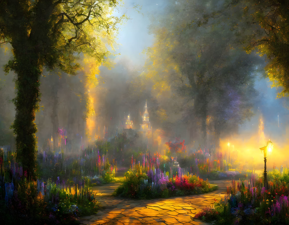 Tranquil garden path to illuminated castle with colorful flowers