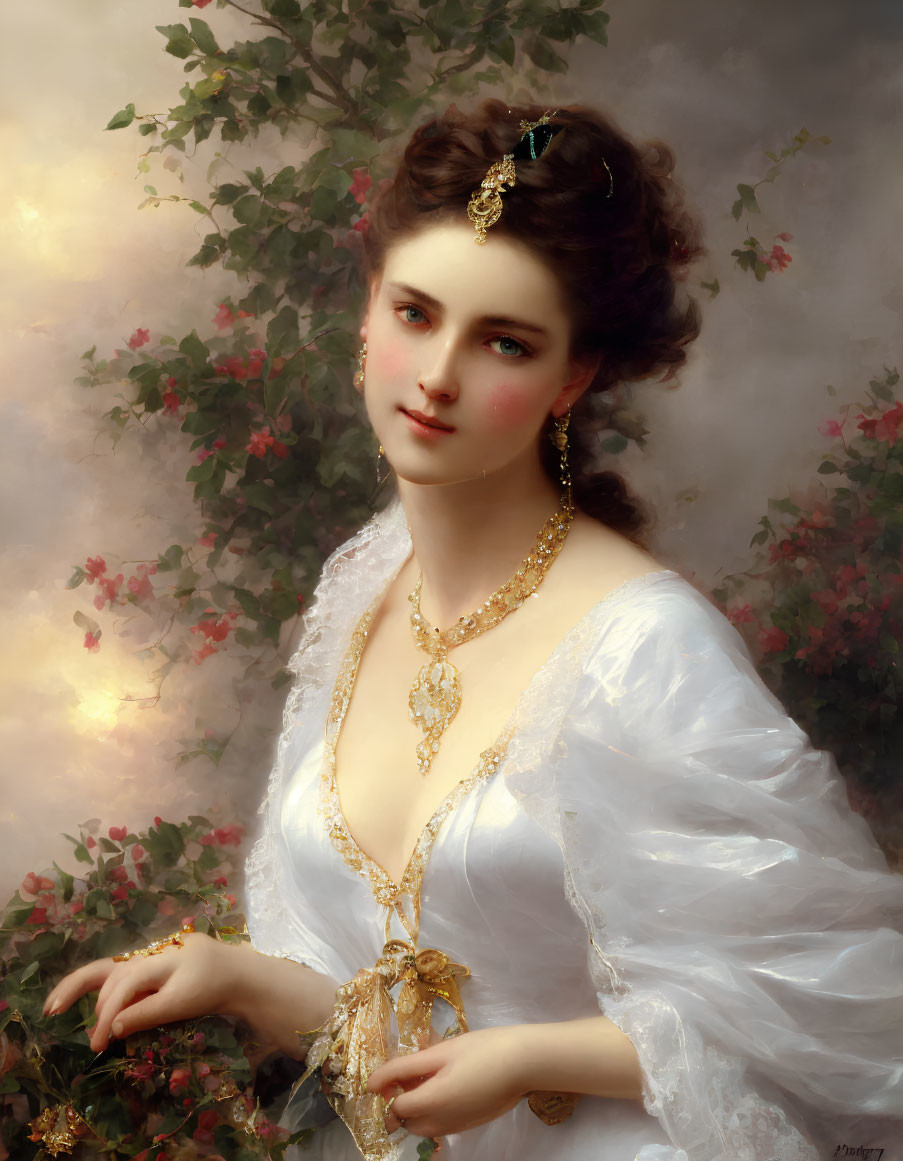 Elegant woman with dark hair in gold jewelry among blooming flowers