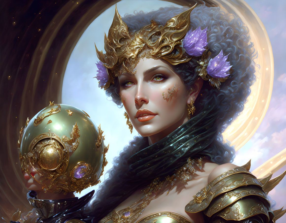 Fantasy portrait of woman in golden armor with celestial background