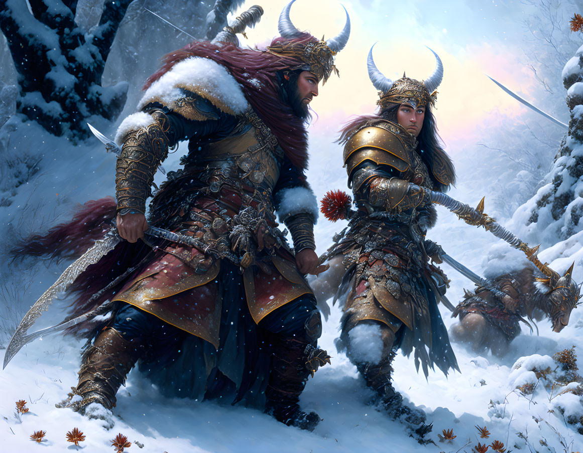 Warrior man and woman in ornate armor on snowy landscape.