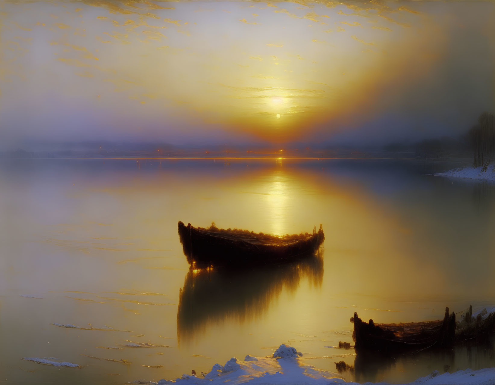 Tranquil sunrise scene with glowing sun, calm river, wooden boat, snowy banks