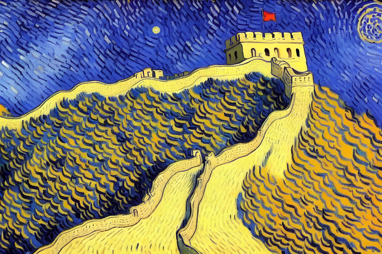 Impressionistic starry night sky with castle and winding path