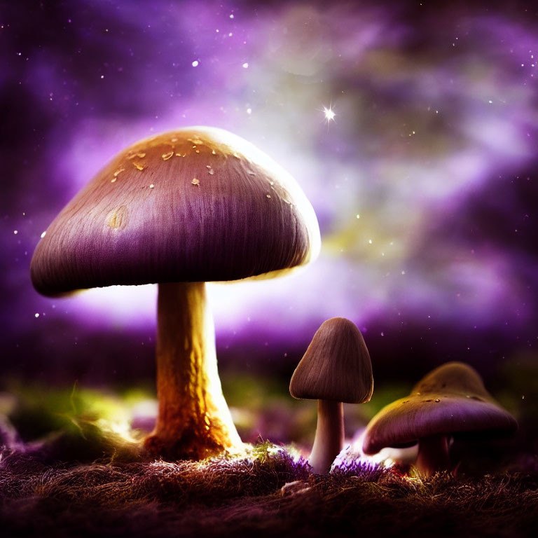 Fantasy art: Oversized purple and gold mushrooms in starry backdrop