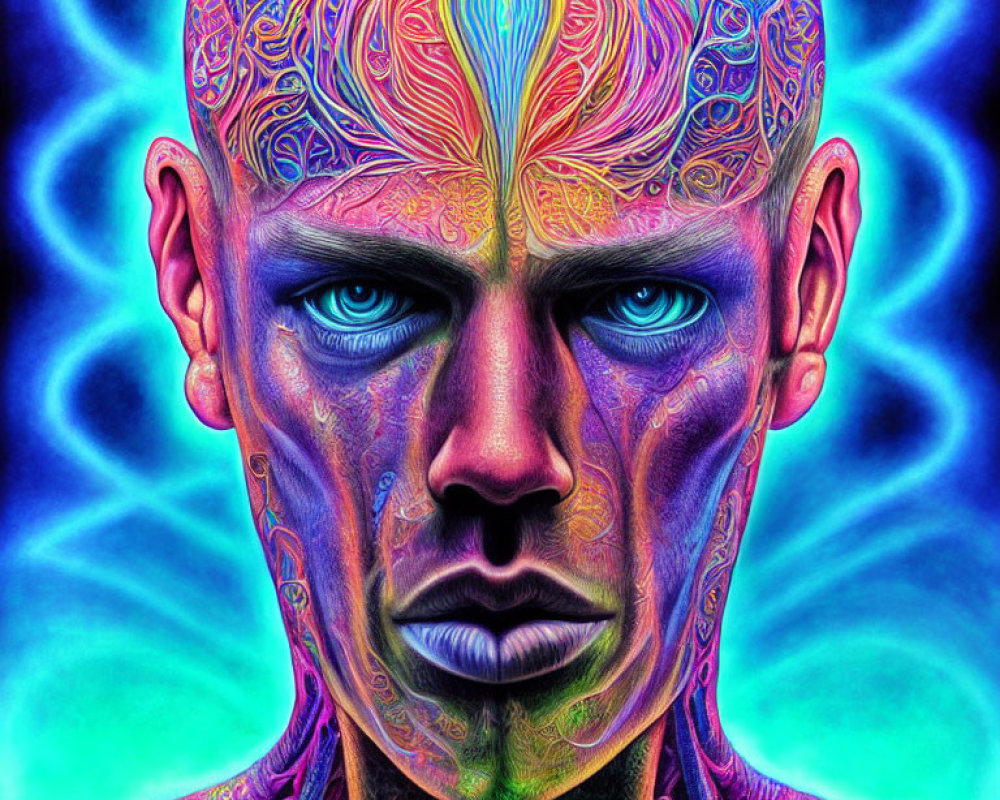 Colorful Psychedelic Portrait with Neon Patterns on Face and Background