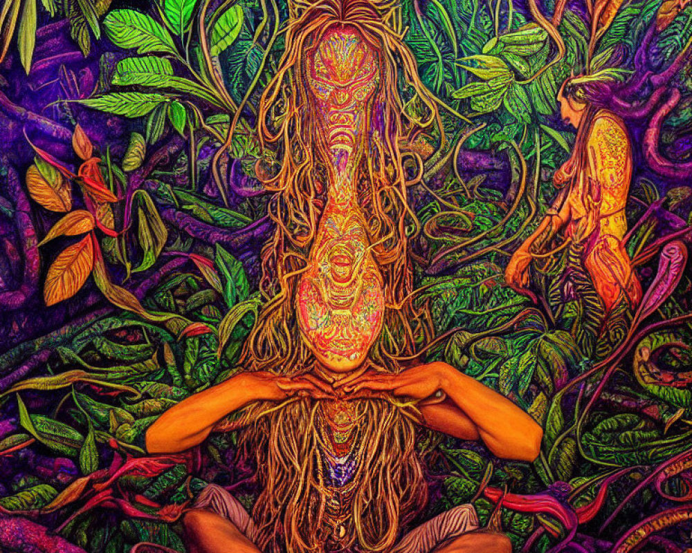 Colorful Psychedelic Artwork: Person in Lotus Pose with Intricate Patterns, Monkey, and