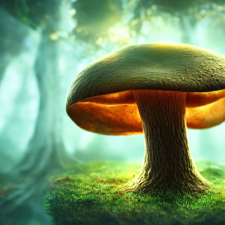 Large Stylized Mushroom Close-Up in Mystical Forest Environment