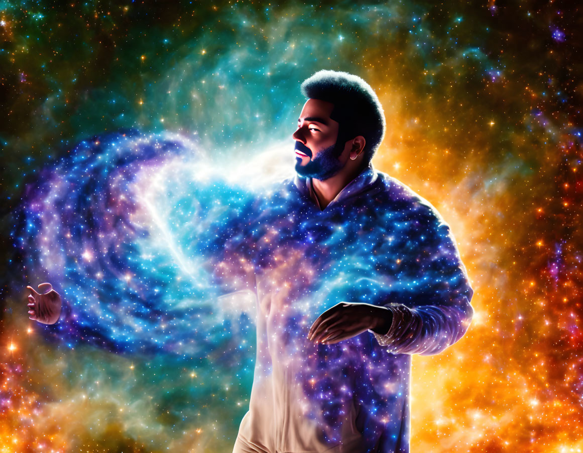 Person with cosmic energy aura against vibrant galactic background