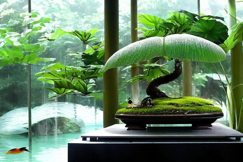 Lush green bonsai tree landscape on wooden base