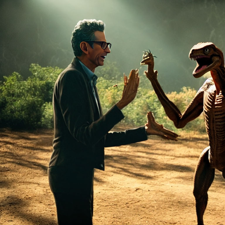 Person in glasses gestures at menacing dinosaur in forest clearing