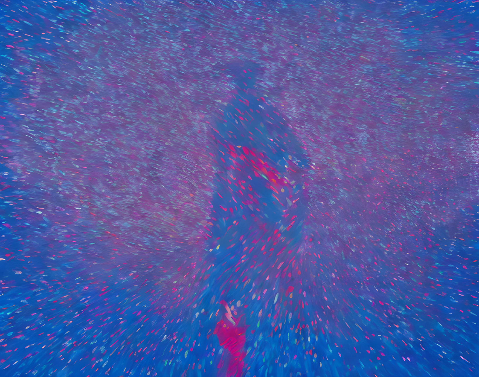 Person in Red Outfit Amid Blue and Pink Sparkles in Cosmic Setting