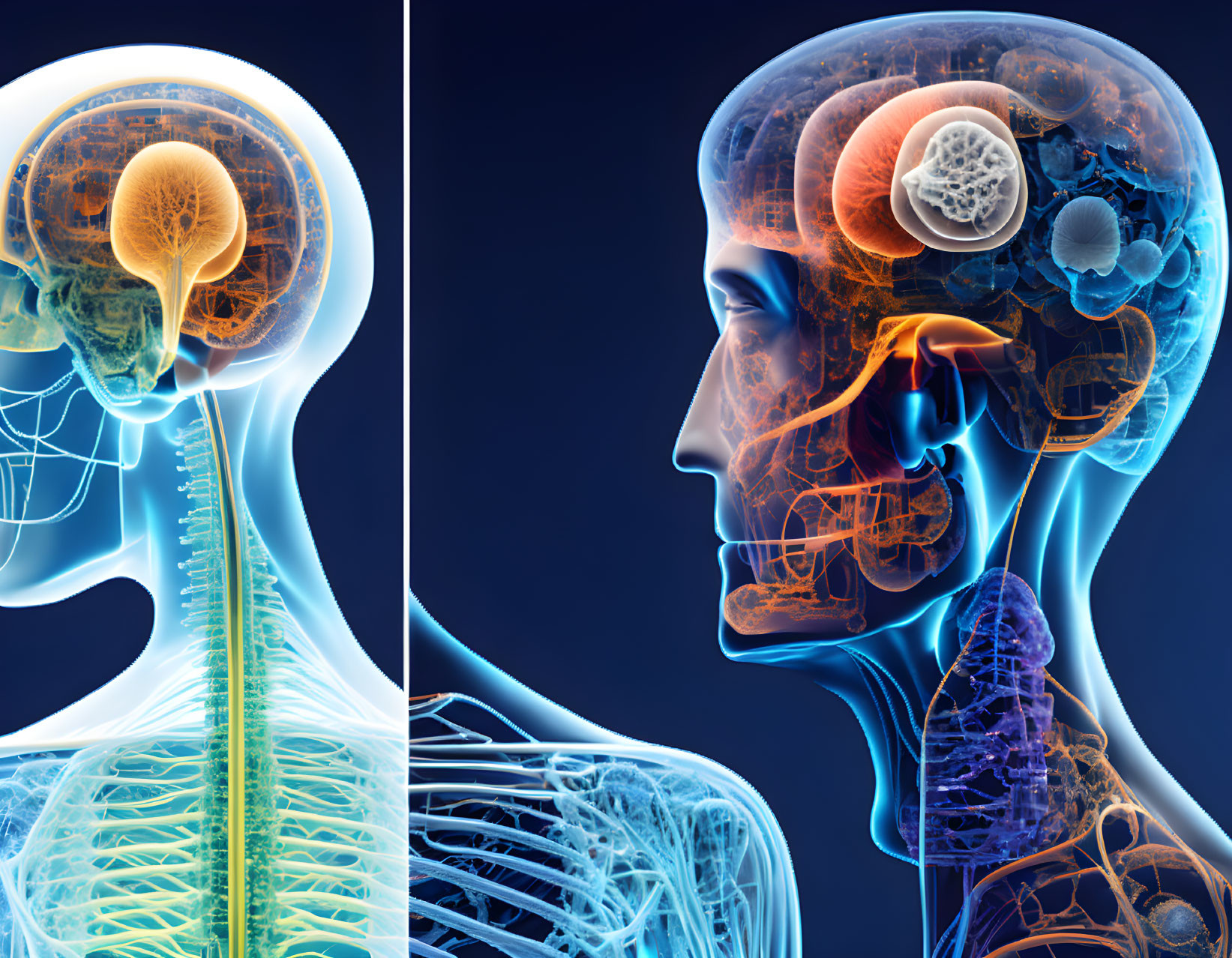 Detailed Medical Illustration Comparing Normal Brain to Multiple Sclerosis with Focus on Nervous System