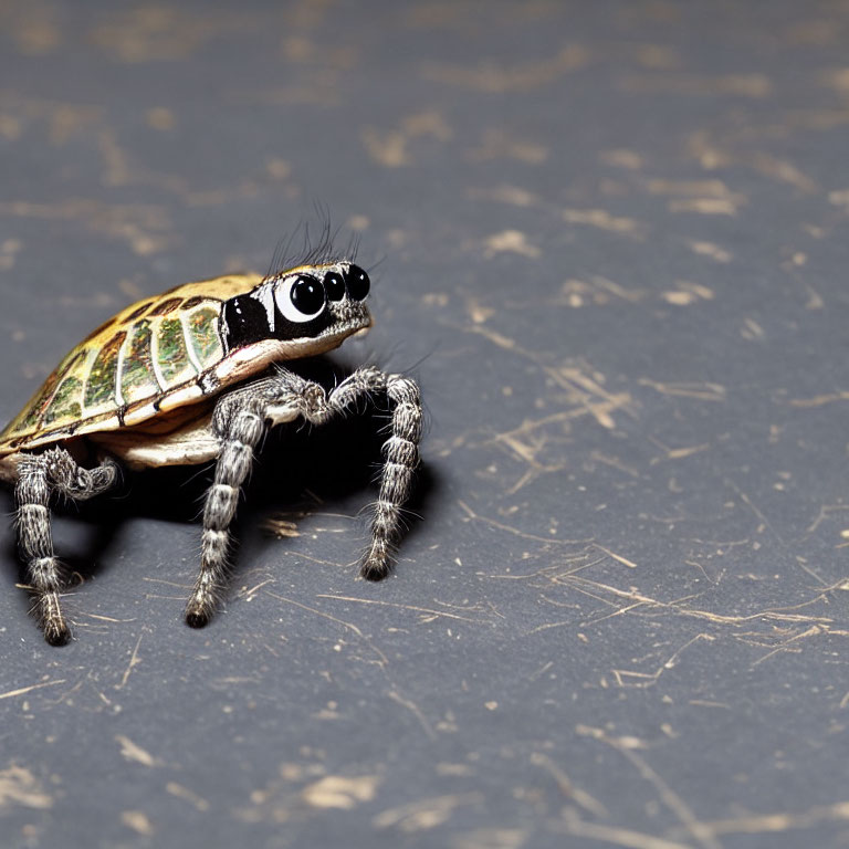 Whimsical creature: turtle body, spider head, expressive eyes on scratched surface.