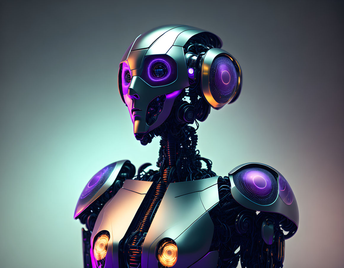 Detailed 3D illustration of humanoid robot with metallic structure and purple glowing eyes