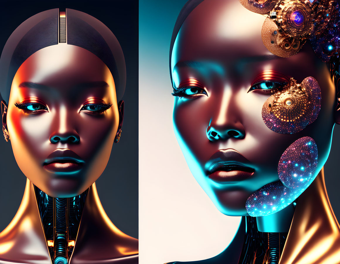 Futuristic metallic female figures with cosmic accessories and glowing elements