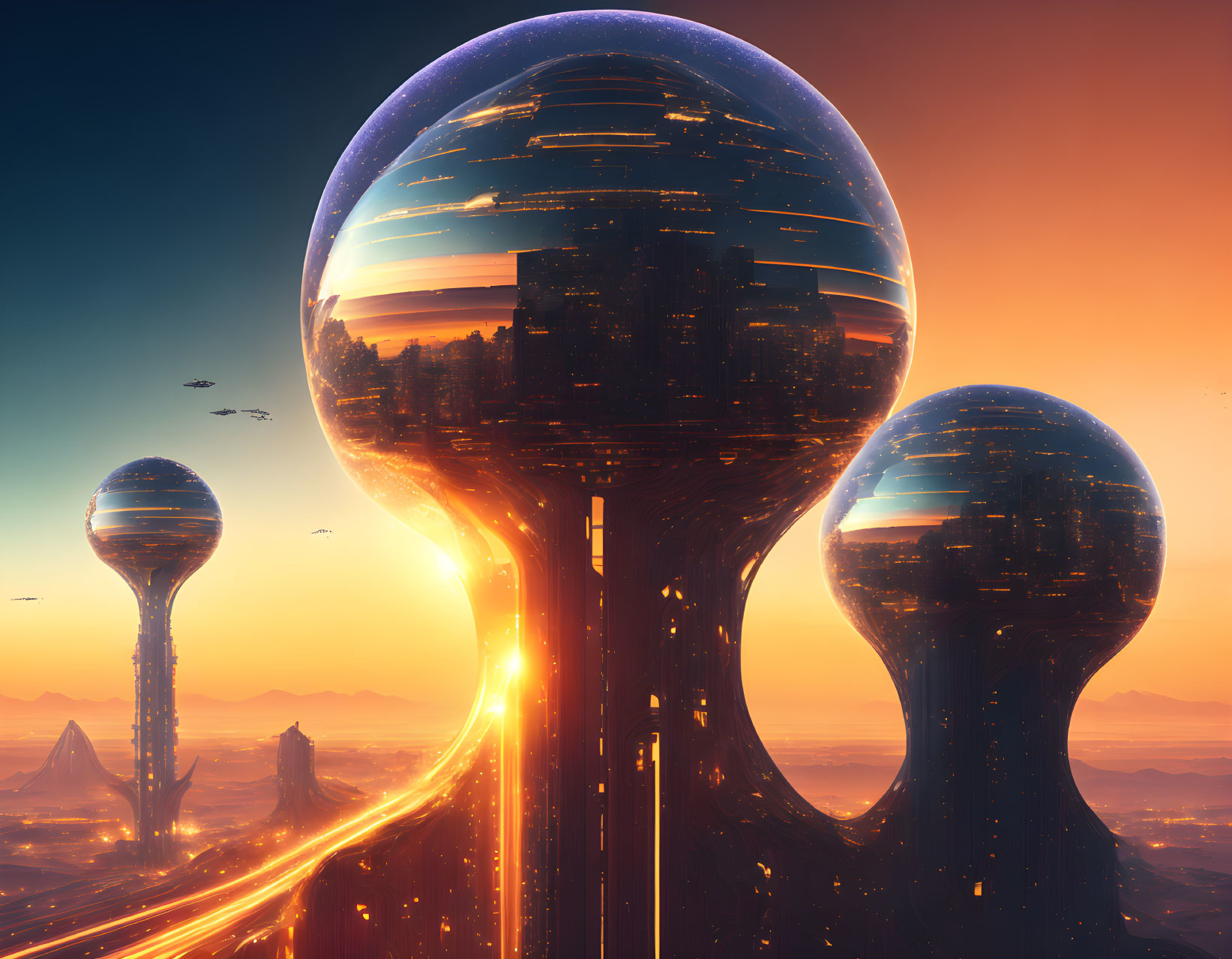 Futuristic cityscape with towering spherical structures and flying vehicles under a sunset sky.