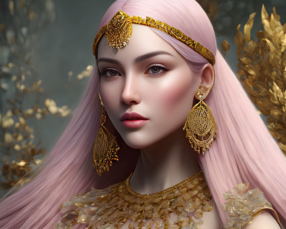 Digital portrait of woman with pink hair and gold jewelry against golden leaf backdrop