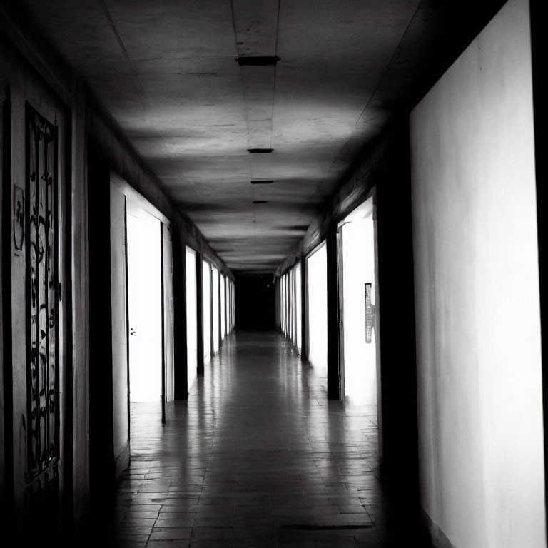 Monochrome photograph of empty corridor with doors, illuminated by natural light