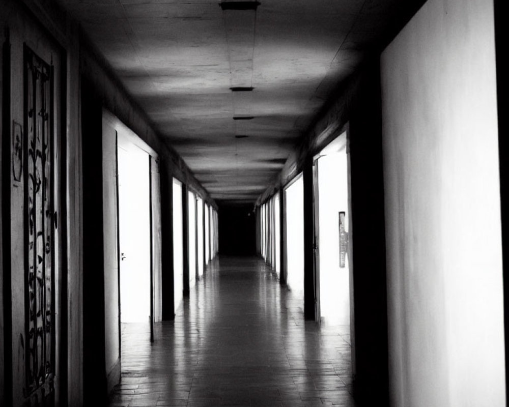 Monochrome photograph of empty corridor with doors, illuminated by natural light