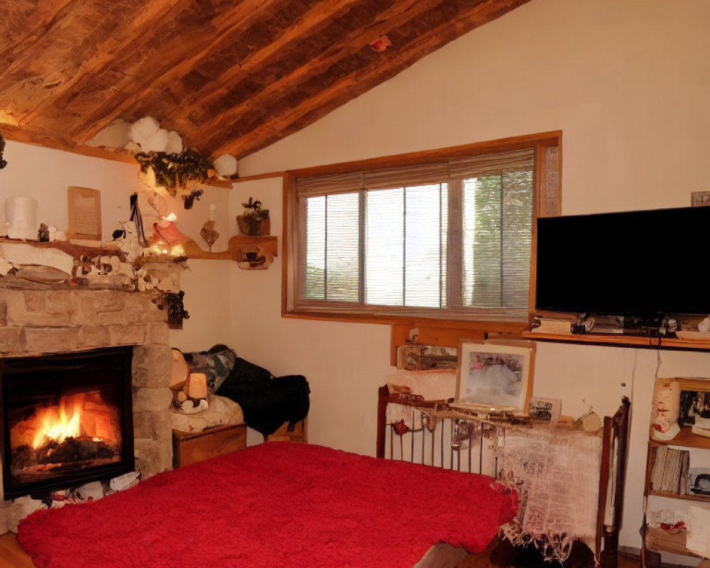 Rustic room with fireplace, wooden beams, red rug, window blinds, and TV