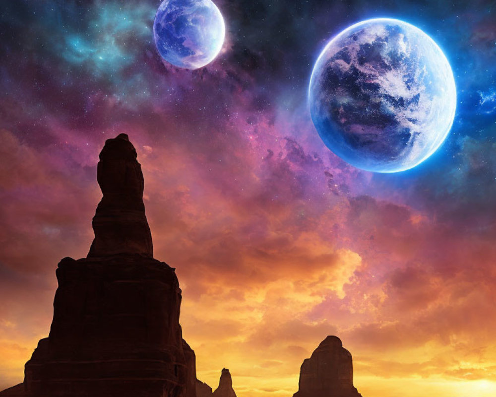 Fantastical sunset landscape with rocky formations, nebula, stars, and planets