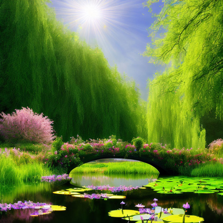 Tranquil pond with lily pads, pink flowers, and green trees on a sunny day