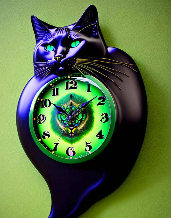 Detailed surreal black cat illustration with clock face and glowing green eyes on green background