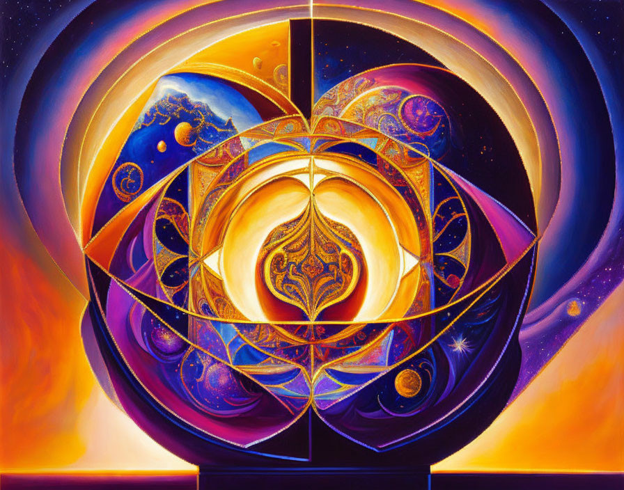 Colorful Abstract Cosmic Painting with Interwoven Circles and Celestial Bodies