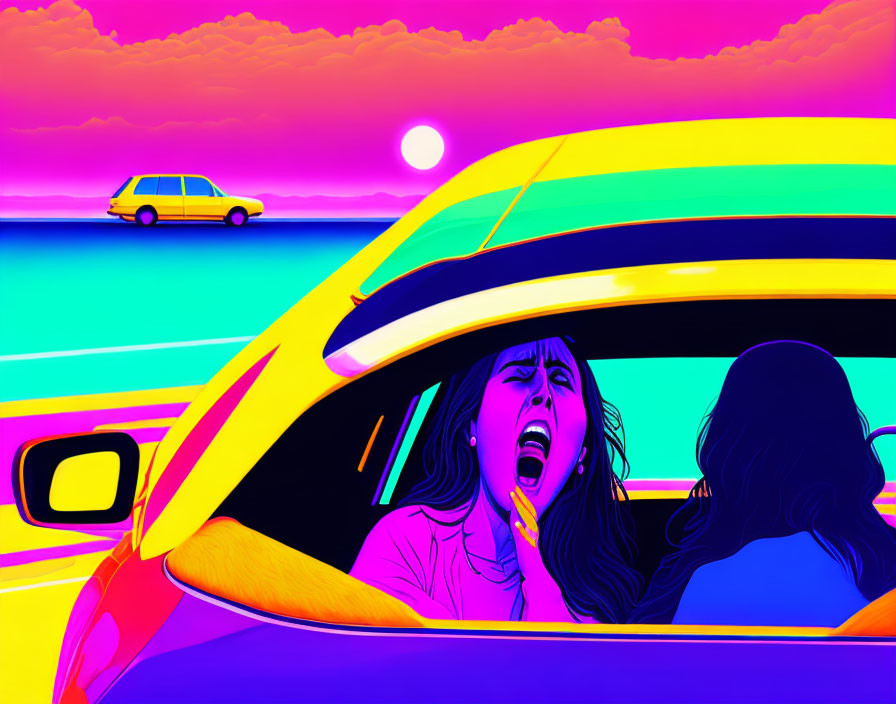 Colorful illustration of woman yawning in car at sunset