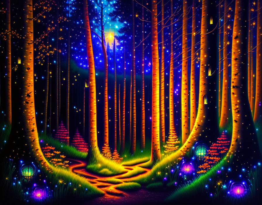 Enchanting fantasy forest with glowing trees and starry night sky