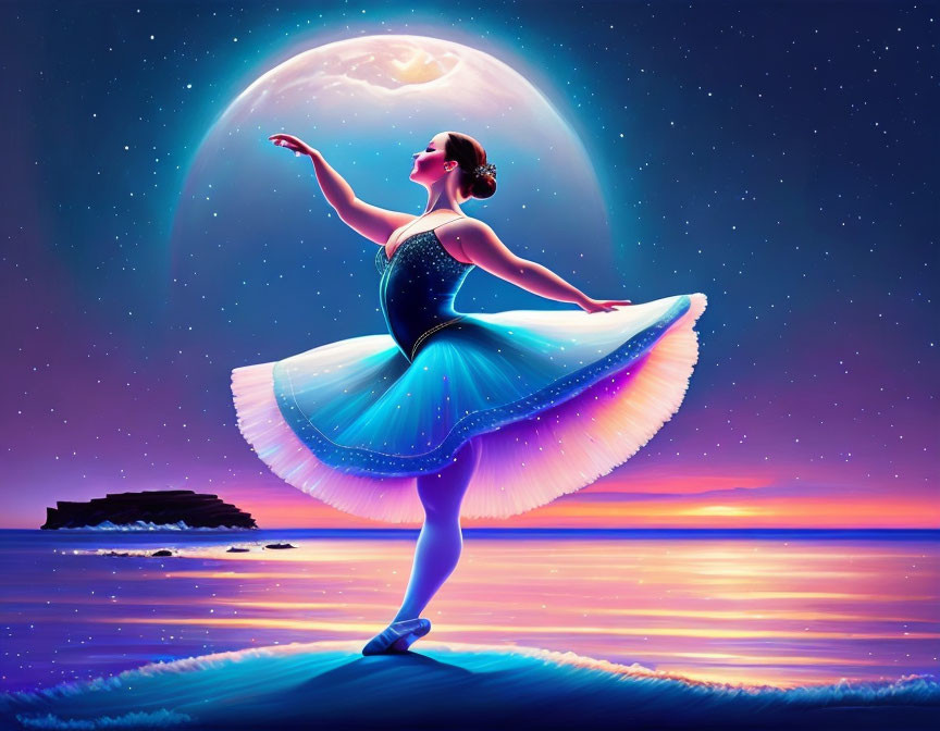 Ballerina posing by reflective waterfront under moonlit sky