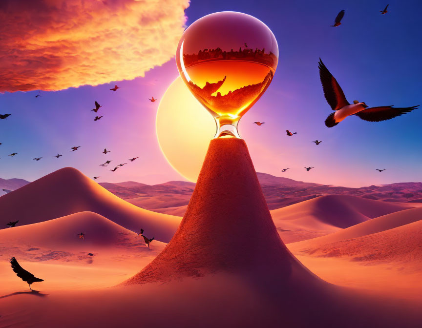 Giant crystal ball on sand dune reflects surreal desert scene