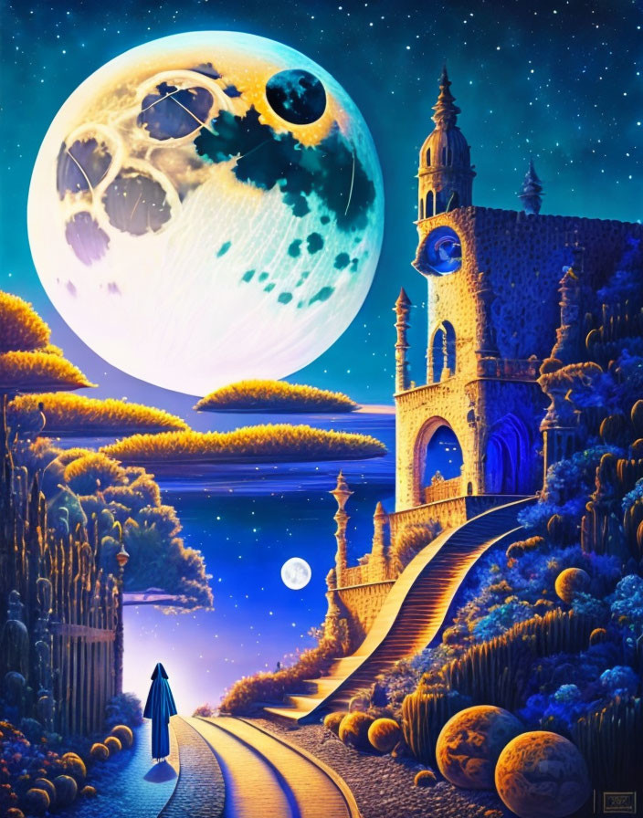 Surreal landscape with person walking towards ornate building at night