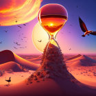 Giant crystal ball on sand dune reflects surreal desert scene