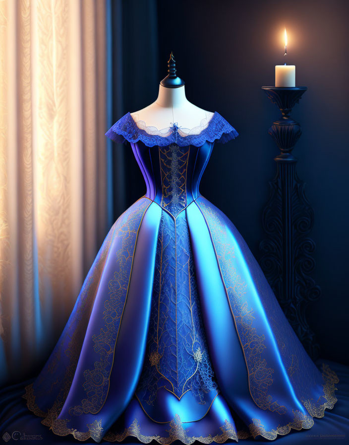 Blue Ball Gown with Gold Detailing and Lace Trim Displayed Next to Lit Candle