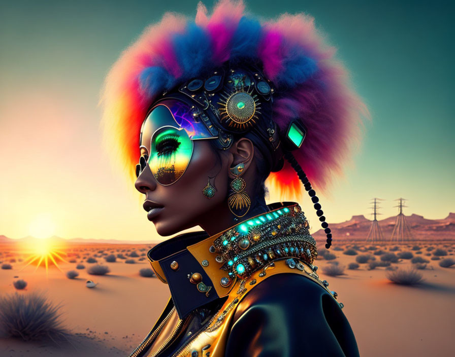 Futuristic woman with cybernetic enhancements and vibrant hair in desert sunset.