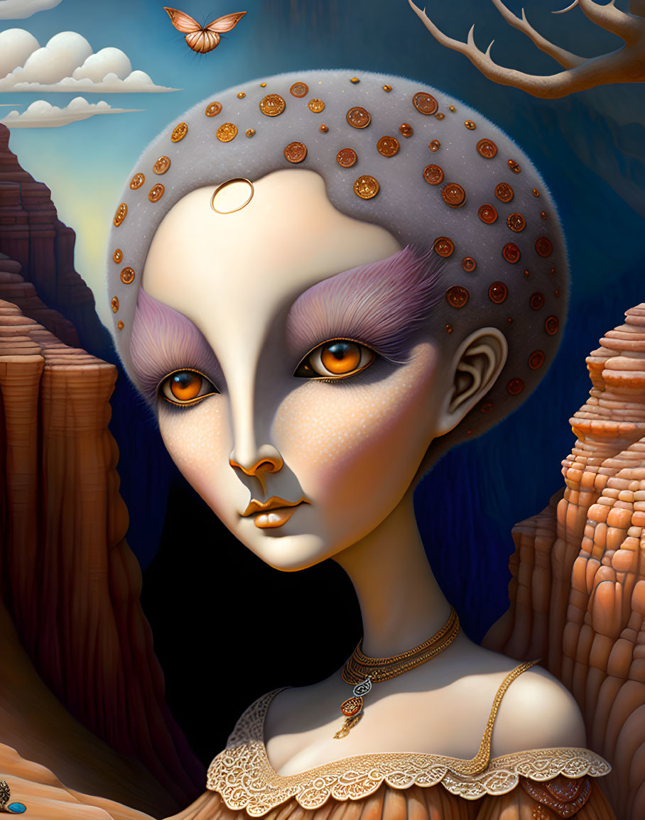 Surreal portrait of female figure with bald head, purple eyes, canyon landscape, butterfly.