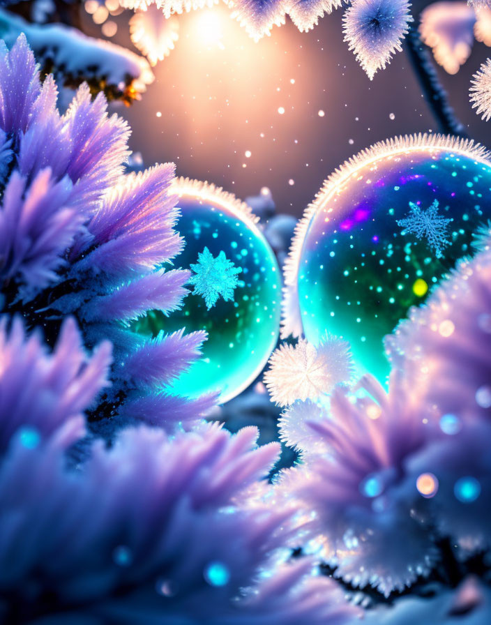 Colorful Christmas Baubles on Frosty Evergreen Branches with Glowing Background