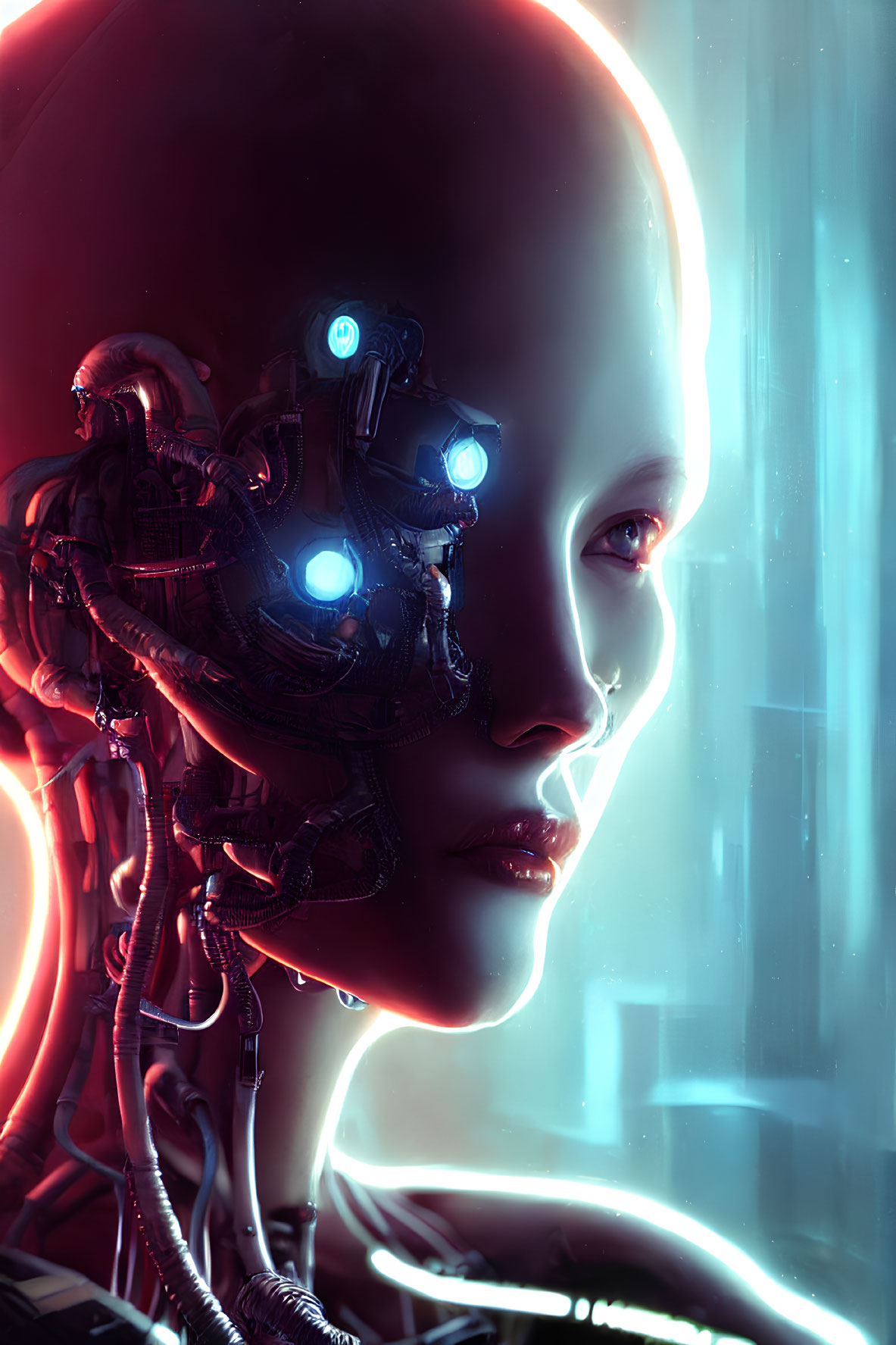 Detailed humanoid robot with glowing blue eyes and intricate wiring on neon-lit background