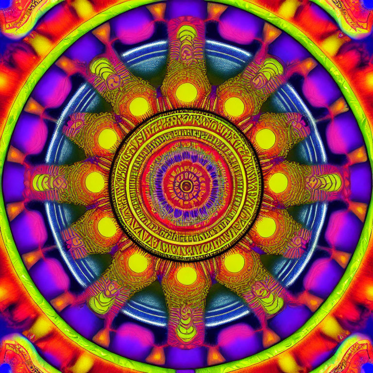 Colorful symmetrical mandala with star-like center in neon hues